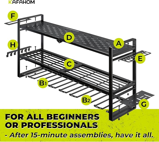 KAFAHOM Power Tool Organizer for Tool Storage, 8 Drill Holder Wall Mount, Tool Holder and Storage Rack for Garage Organization, Heavy Duty Metal Tool Shelf with Air tool/Screwdriver/Hammer Holder-VerdiqueGarden