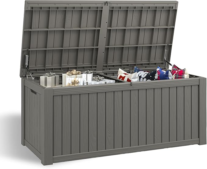 NUNU LAB 150 Gallon Outdoor Storage Box,Resin Large Sturdy Deck Box, Backyard Outside Storage Box Waterproof with Double Wall Panels,Package Delivery,Garden Outdoor Hose Bin-VerdiqueGarden