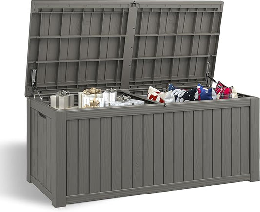 NUNU LAB 150 Gallon Outdoor Storage Box,Resin Large Sturdy Deck Box, Backyard Outside Storage Box Waterproof with Double Wall Panels,Package Delivery,Garden Outdoor Hose Bin-VerdiqueGarden