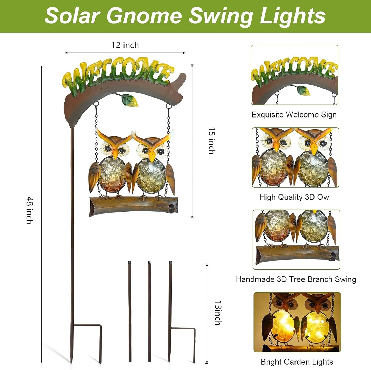 HONGLAND Solar Lights Outdoor Decor, Owl Swing Garden Decor, Owl Gifts for Women Mom, Whimsical Garden Lights Outdoor Decorations with Welcome Sign for Outside Patio Yard Lawn Decor-48inch-VerdiqueGarden