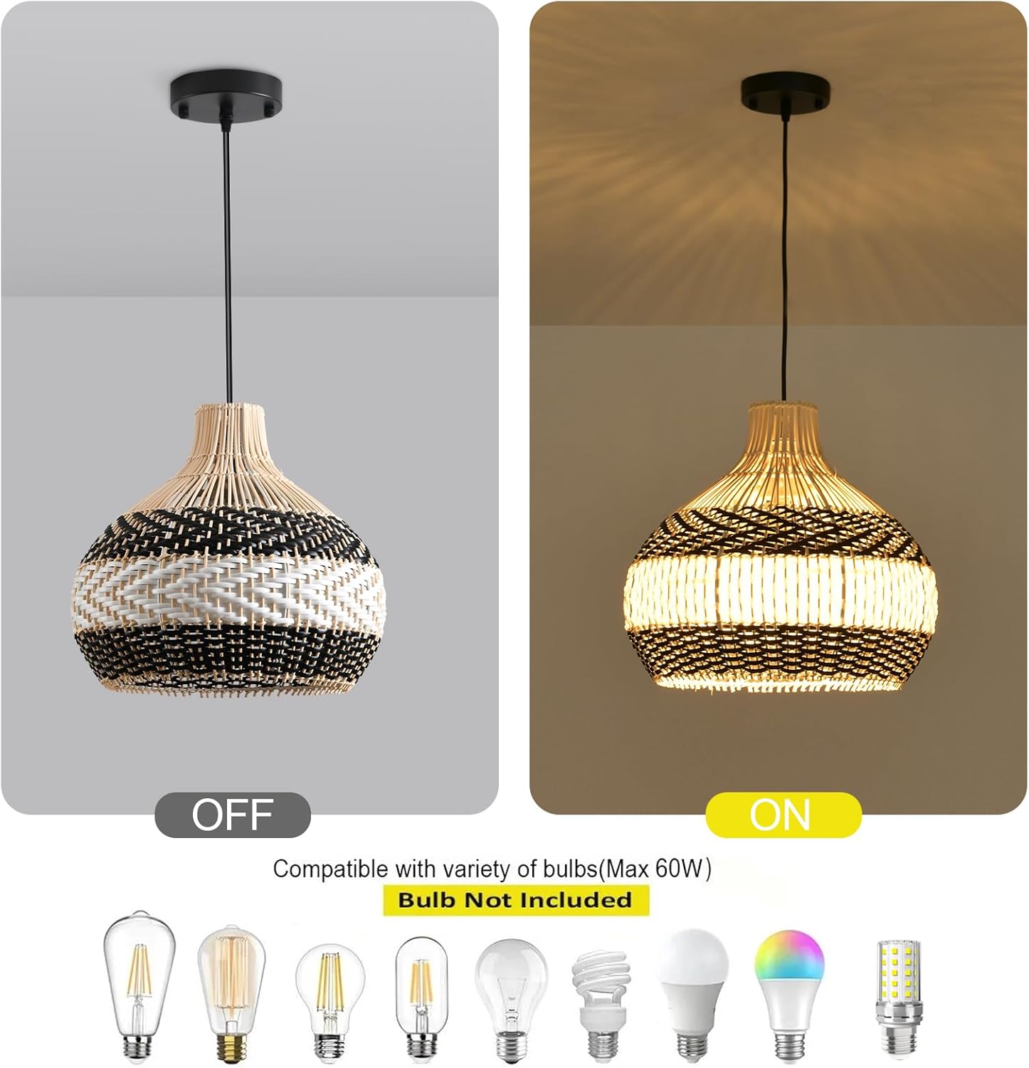 3-Light Rattan Pendant Light,Hand-Woven Black White Faux Rattan Hanging Light 15" Boho Basket Wicker Chandelier,for Living Room Bedroom Kitchen Dining Hallway 1-Pack-VerdiqueGarden