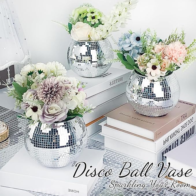 2 Pcs Disco Ball Vase, 5 x 6 Inch Mirrored Disco Ball Planters Perfect for Decorative Living Room, Bedroom, Dining Table, Wedding, Party, Birthday-VerdiqueGarden