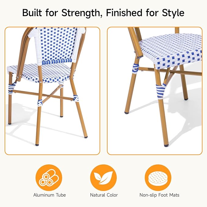 3 Piece French Wicker Bistro Set, Patio Bistro Set with Table and 2 Dining Chairs, All Weather ‎Outdoor ‎Bistro Set with Aluminum Frame, Outdoor Patio Set for Patio Porch Cafes Yard, Navy and White-VerdiqueGarden