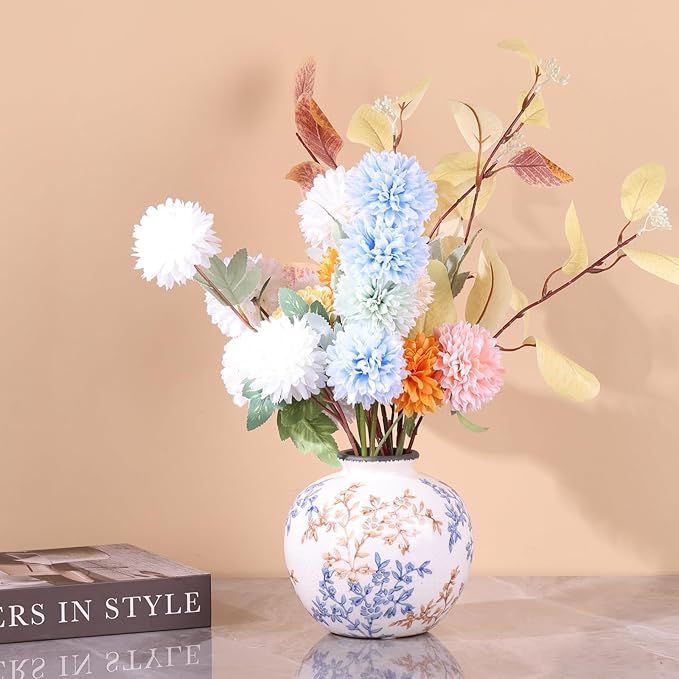 Blue-and-White Vintage Round vase, Chinese-Style Porcelain Blue vase, Suitable for Home Decor, Living Room Coffee Table, Office, Rustic Farmhouse Dining Table Centerpiece, and Tabletop Decoration.-VerdiqueGarden