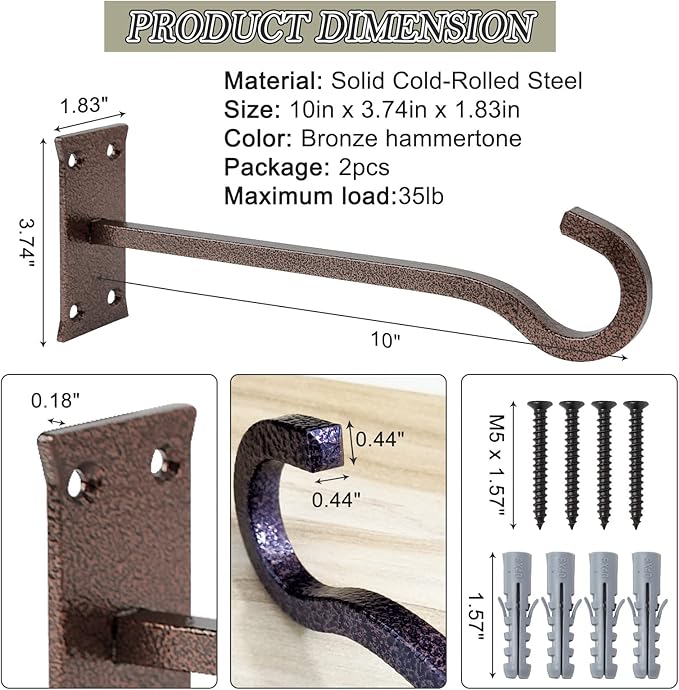 10inch Heavy Duty Plant Hangers Outdoor or Indoor Bird Feeder Hanger Shepherd Hooks 2pcs Bronze hammertone Metal Wall Hook for Hanging Plant Bracket, Lantern, Flower Basket, Wind Chimes-VerdiqueGarden