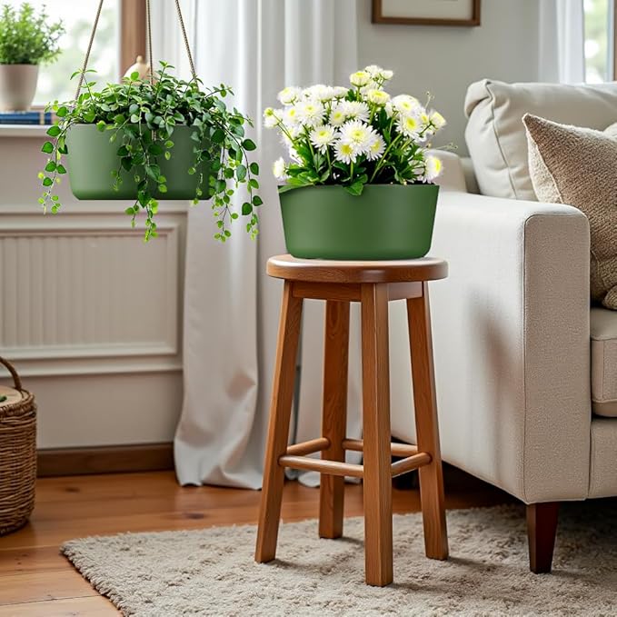 10.7 Inch Hanging Planter for Outdoor Indoor Plants，2 Pack Hanging Flower Pots with Drain Holes for Garden Home Decor Use (Dark Green)-VerdiqueGarden