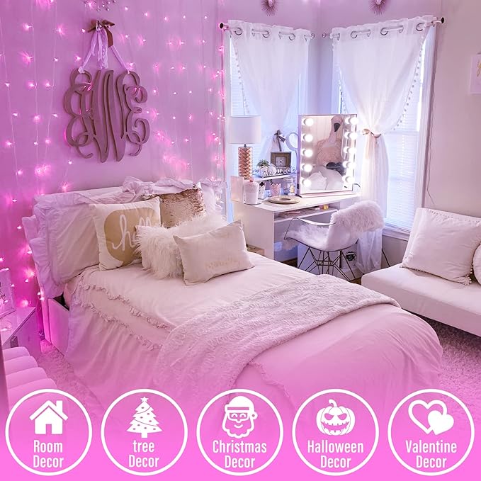 JMEXSUSS 66 Ft Pink Lights for Room Decor, 200 LED Pink String Fairy Christmas Lights Clear Wire Plug in for Bedroom Indoor Outdoor Girl's Room Decorations-VerdiqueGarden
