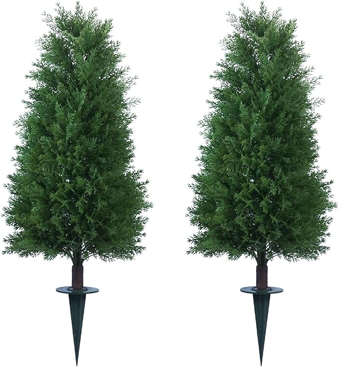3FT Artificial Cedar Topiary Ball Trees with Ground Spike, 2 Pack UV Resistant Artificial Shrubs, Fake Evergreen Artificial Plant Brush for Indoor Outdoor Front Porch Garden-VerdiqueGarden