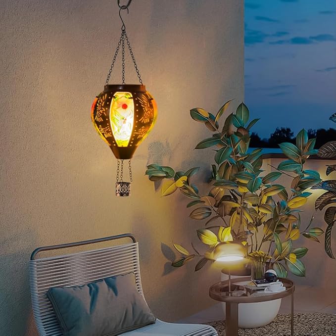 Starsoul Hummingbird Hot Air Balloon Solar Lantern Metal & Glass Solar Hot Air Balloon Hanging Garden Light Waterproof Outdoor Lantern for Patio Yard Party Decorations-VerdiqueGarden