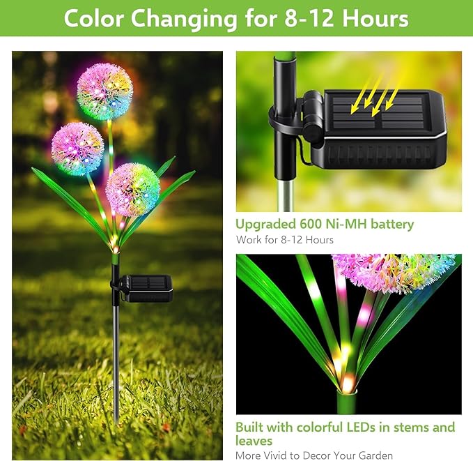 4 Pack Solar Garden Lights Outdoor Decor, New Version 12 Glowing Dandelion Lights & Stems with 144 Colorful LED, 2 Modes Control Solar Lights Outdoor Waterproof IP65 for Yard, Lawn, Pathway-VerdiqueGarden