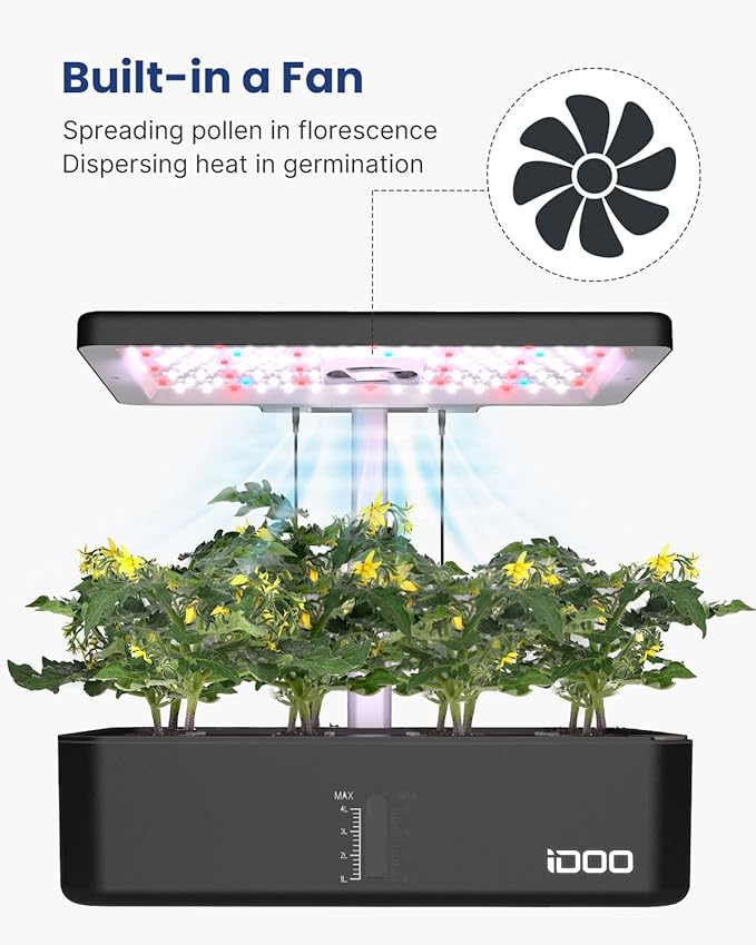 iDOO Hydroponics Growing System Kit 12Pods, Gardening Gifts for Women Mom, Indoor Herb Garden with LED Grow Light, Built-in Fan, Auto-Timer, Adjustable Height Up to 11.3", 12Pods-Black-VerdiqueGarden