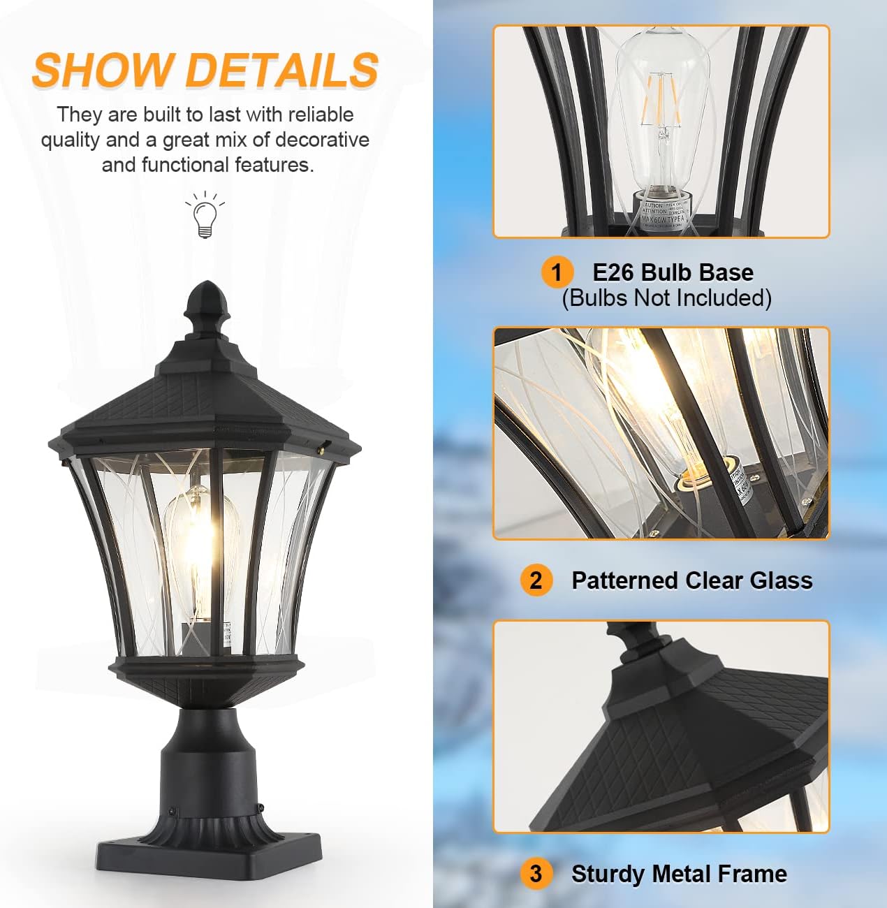 Post Lights Outdoor Post Lantern 20" Exterior Post Coach Light with Pier Mount Base, Weather Resistant Aluminum with Clear Glass Pier Mount Lantern Black Outdoor Pole Lamp for Patio, Porch, Yard-VerdiqueGarden