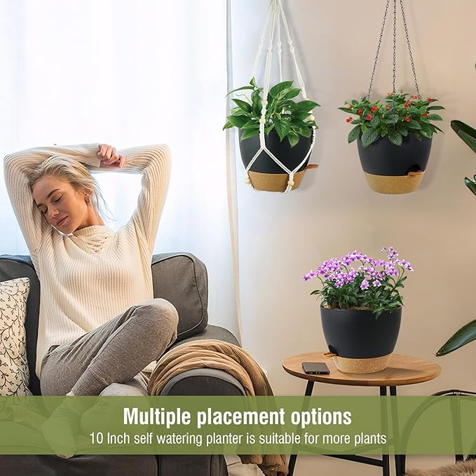 Self Watering Hanging Planters 10 inch, 2 Pack Hanging Flower Pots for Indoor Outdoor Plants, Hanging Baskets with Drainage Holes & 2 Kinds of Plant Hangers for Garden Home Decor, Black Brown-VerdiqueGarden