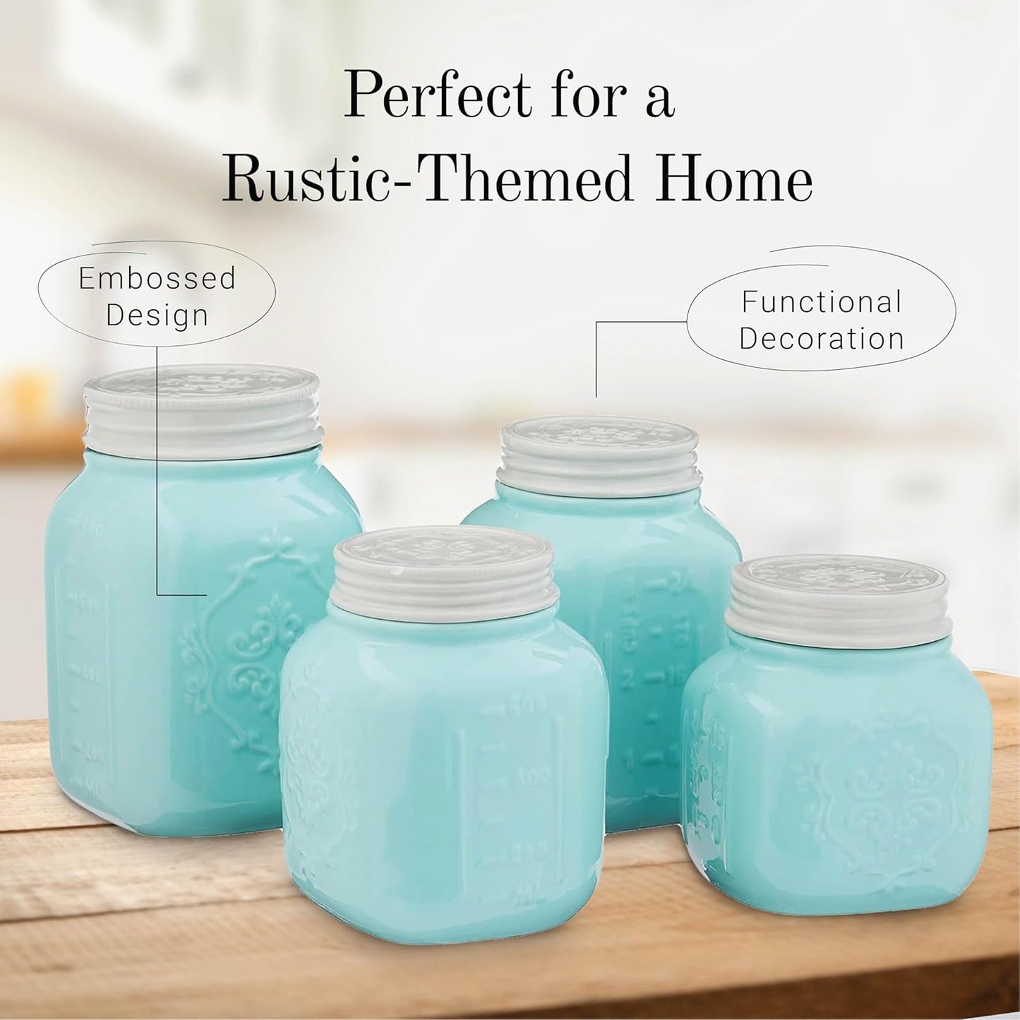 Young's Inc. 4 Pcs Set Vintage Ceramic Canisters- Storage Container for Kitchen and Bathroom - Beautiful Home Decor Accent to Store Food, Coffee, Tea, and More - Sky Blue-VerdiqueGarden