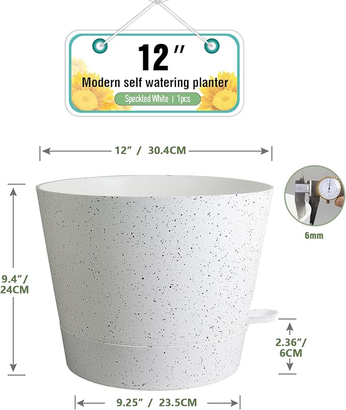 12 inch Large Self Watering Pots, Plant Pots with Mesh Drainage Holes for Indoor Outdoor Plants, Plastic Planters with Deep Reservoir for Garden House Flower Plants, Speckled White-VerdiqueGarden