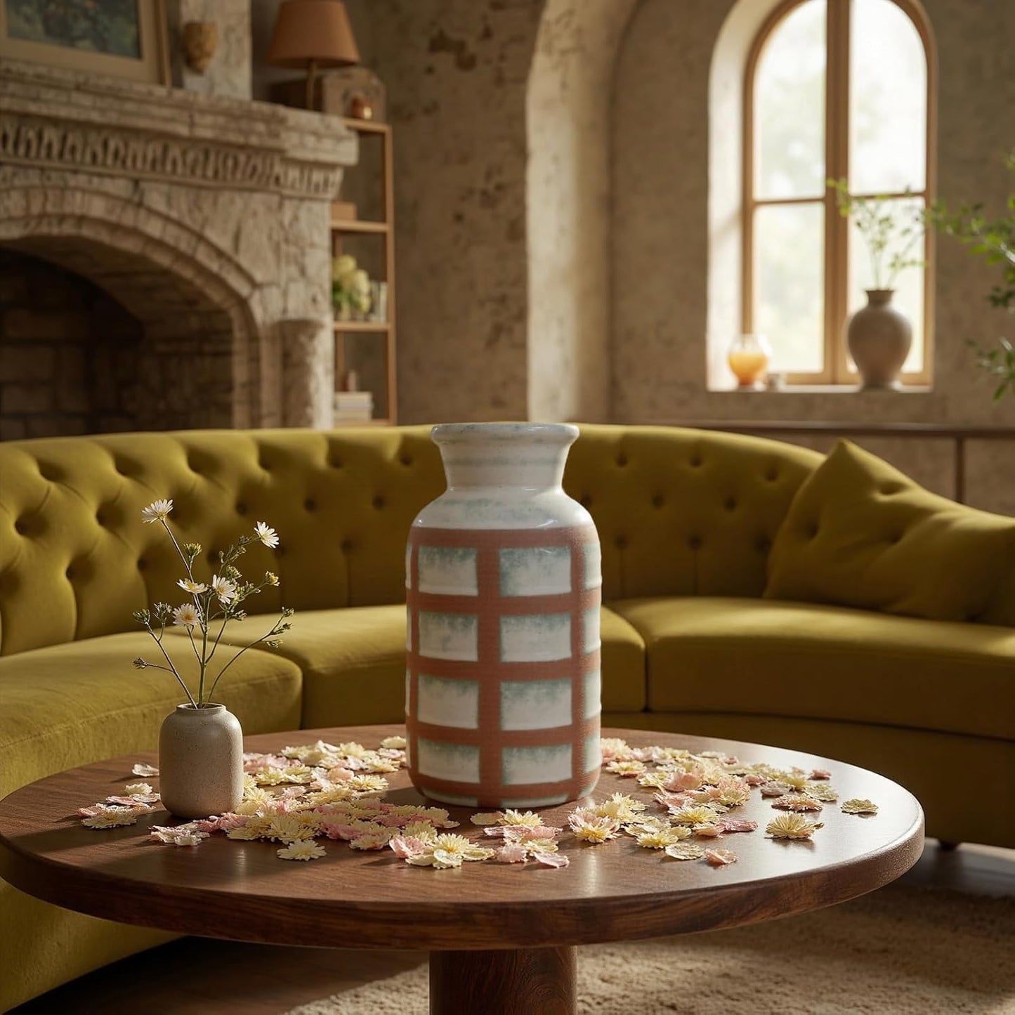 Rustic Farmhouse Ceramic Vase, Pastoral Clay Decor, Boho Vintage Terracotta Vases for Bouquet and Fake Plants, Suitable for Home Decor, Shelf, Dining Table, Living Room, Mantle, Bathroom, 9.6 Inch-VerdiqueGarden