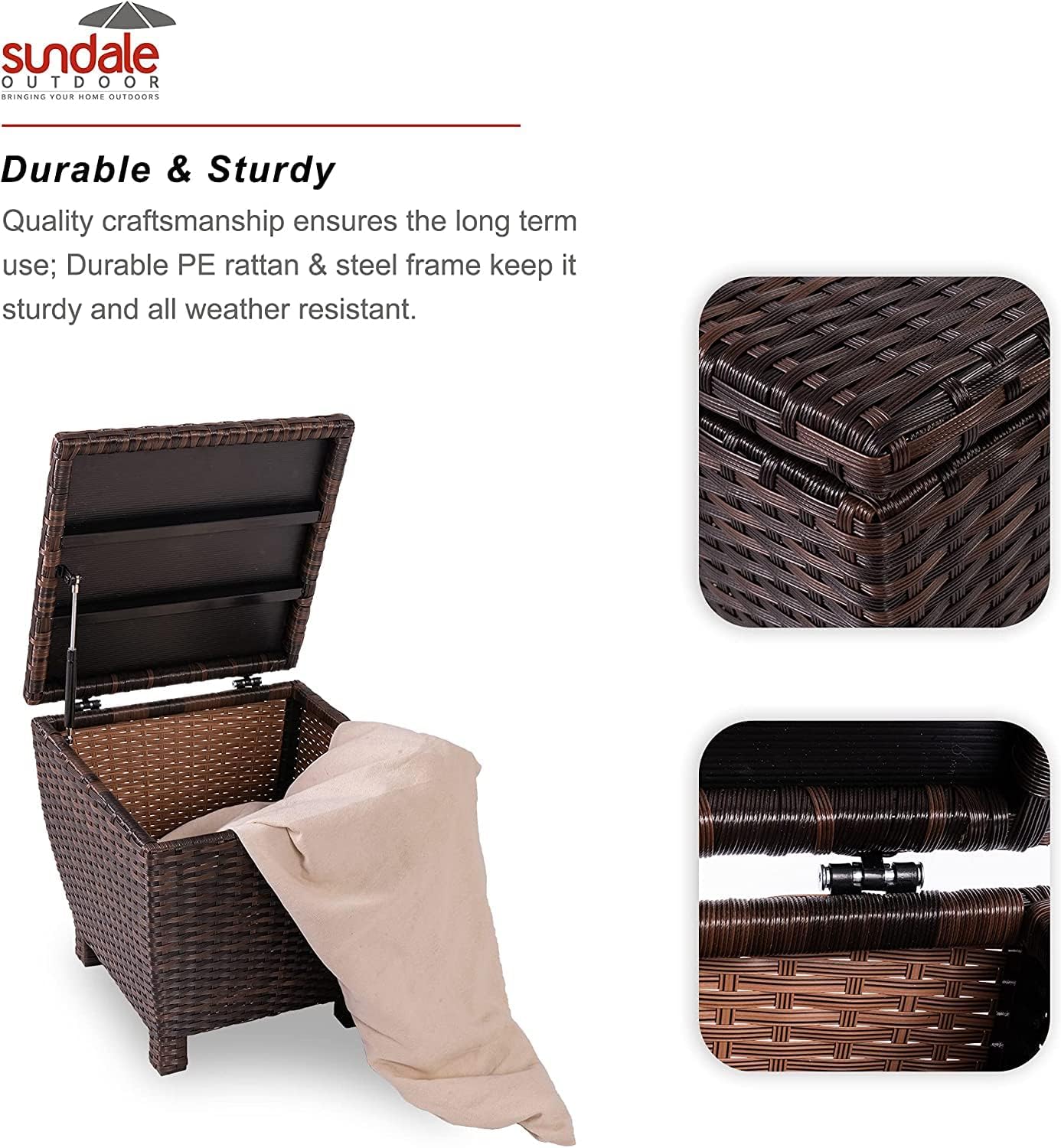 Sundale Outdoor Small Deck Storage Box with Lid, 13 Gallon Outdoor Bin Storage Container for Hose Cushion Towel, Patio Fully Assembled Brown Wicker Side Table with Storage - Rattan-VerdiqueGarden