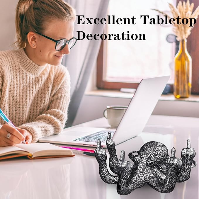 Octopus Statue,Middle Finger Desk Decor,Home Office Decor,Cute Room Decor,Funny Gifts,Various Fish Tank Decoration (Black)-VerdiqueGarden