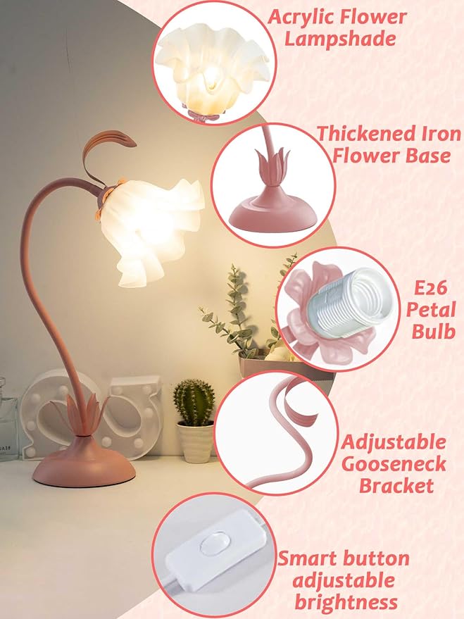 Flower Table Lamp,LED Reading Light Bedside Vintage Flower Night Light,3 Colors Modes Kawaii Bedside Lamps Decor,Living Room Bedroom Room Lighting Table Lamps Home Decoration (Pink)-VerdiqueGarden