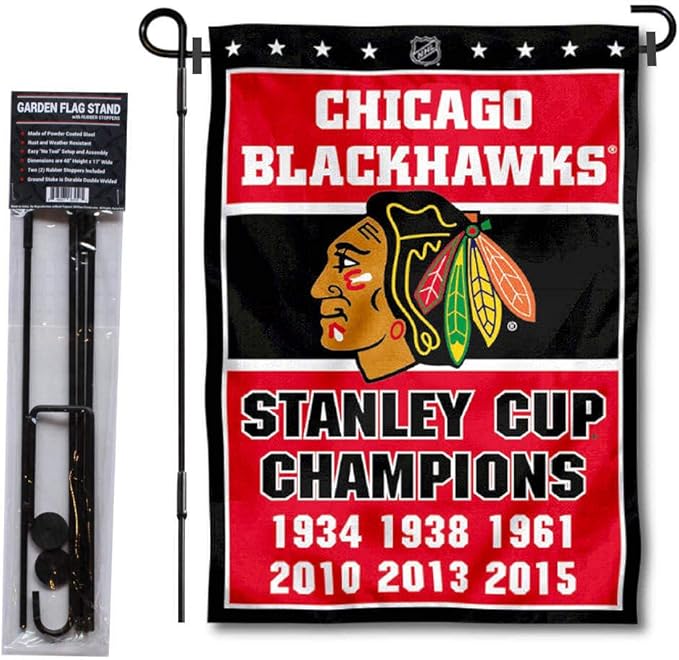 WinCraft Chicago Blackhawks 6 Time Champions Garden Flag and Pole Stand Holder-VerdiqueGarden