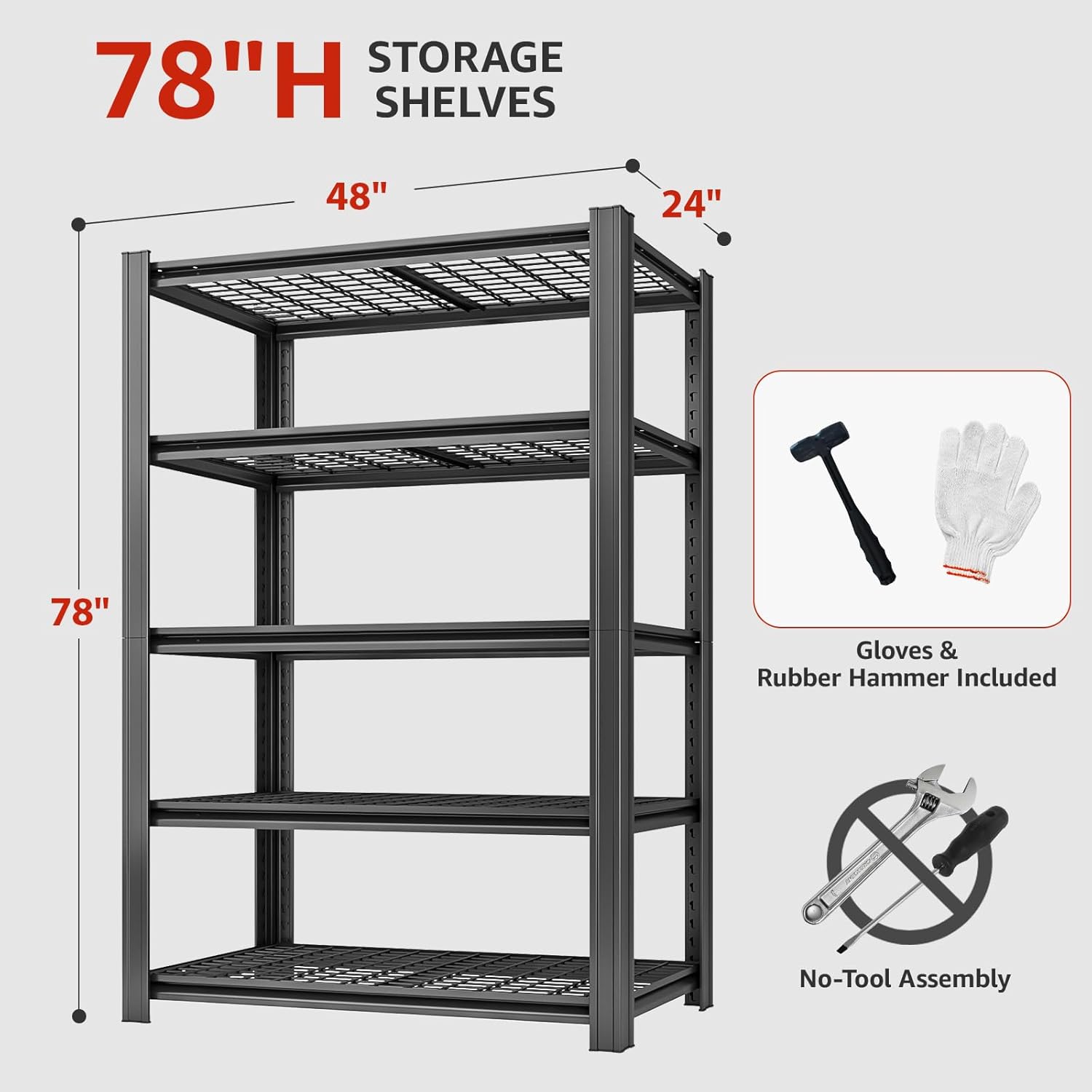 5 Tier Metal Shelving Unit, 78" H x 48" W x 24" D Adjustable Garage Shelves, Heavy Duty Storage Shelves for Warehouse, Basement, Kitchen, Pantry, Living Room, 2500LBS, Black-VerdiqueGarden