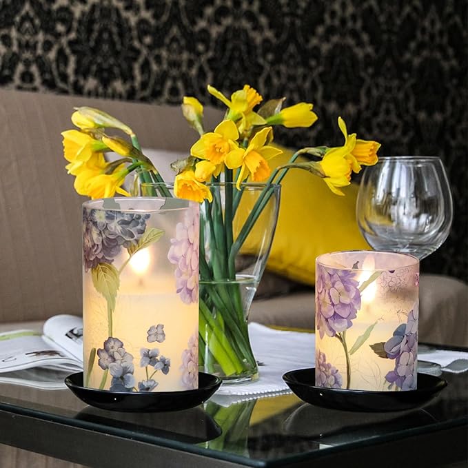 Hydrangea Flameless Candles Flickering, Spring LED Battery Operated Candles with Remote Timer, Glass and Real Wax Pillar Candles for Garden Home Decor(Set of 3, D3 xH4 5" 6")-VerdiqueGarden