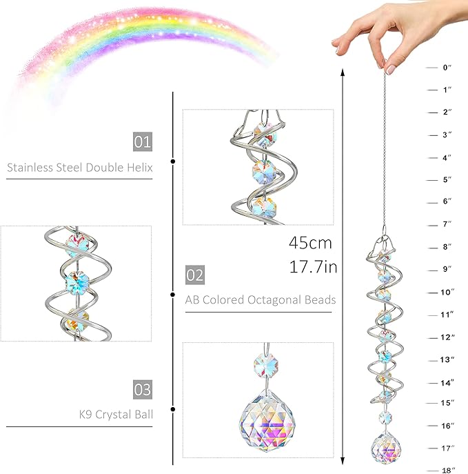 H&D HYALINE & DORA 17.7in Crystal Sun Catcher,Colorful Hanging Suncatcher with Octagonal Beads and Chain,Gazing Ball Spiral Tail,Rainbow Crystals for Indoor Outdoor Garden Decoration-VerdiqueGarden