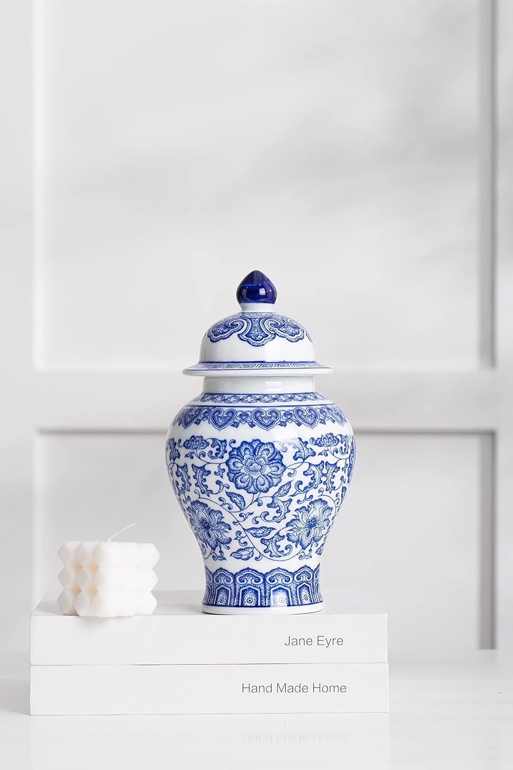 Blue and White Ginger Jar, Ceramic Chinoiserie Decorative Jars for Home, Office, Flower Vase Pocelain, Glossy Vase for Table, Living Room, Bookshelf, Mantle Fireplace, Centerpieces, 9.8"H-VerdiqueGarden
