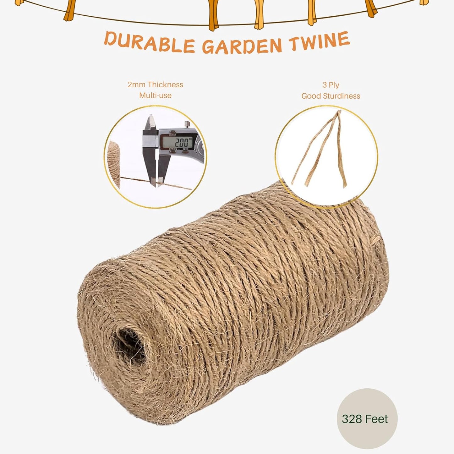 Garden Twine 3mm, 328 Feet Natural Jute Twine for Garden, Crafts, Gifts Wrapping, Packing and Home Decor-VerdiqueGarden