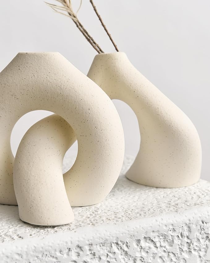 NOBULA White Ceramic Donut Vases – Modern Home Decor for Living Room, Bedroom & Table Centerpiece - Minimalist Nordic – Unique Vases for Olive Plant & Flowers – Decorative Coffee Table Vase Set of 2-VerdiqueGarden