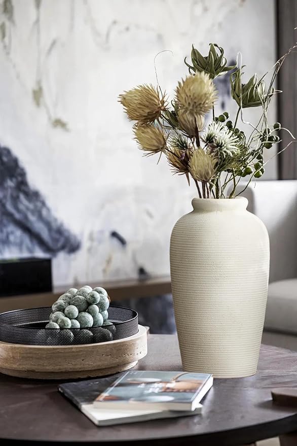 Decorative Ceramic Rustic vase,Tall vase for Minimalist Decoration,11" Large Vintage Vase for Home Decor,Centerpiece,Living Room,Enterway,White-VerdiqueGarden