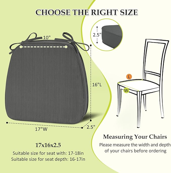 Chair Cushions for Dining Chairs, Indoor Chair Cushions with Ties，Waterproof Chair Pads Set of 6, Dark Grey, 17x16x2.5 Inch-VerdiqueGarden