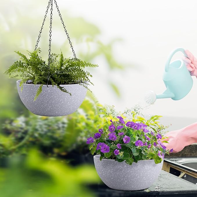 10 inch Hanging Planters for Outdoor Indoor Plants with Drainage Holes and Chain, 2 Pack Round Hanging Flower Plant Pots for Garden Home Porch Decor, Speckled Grey-VerdiqueGarden