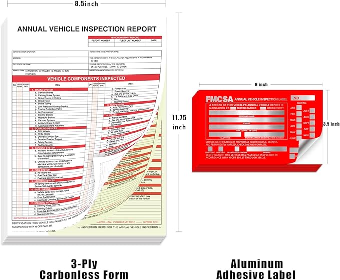 Goldenfox DOT Inspection Forms and Stickers,10-Pack,3-Ply Carbonless Annual Vehicle Inspection Report Form(8.5" x 11.75) with Red Exterior Aluminum Inspection Label(6"x3.5"), Permanent Adhesive.-VerdiqueGarden