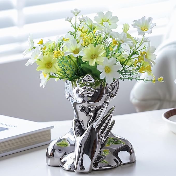 BrownLove Silver Ceramic Face Vase, Modern Silver Decorative Art Vase, Bookshelf Placed On The Desktop, Small Living Room, Office and Bedroom-VerdiqueGarden