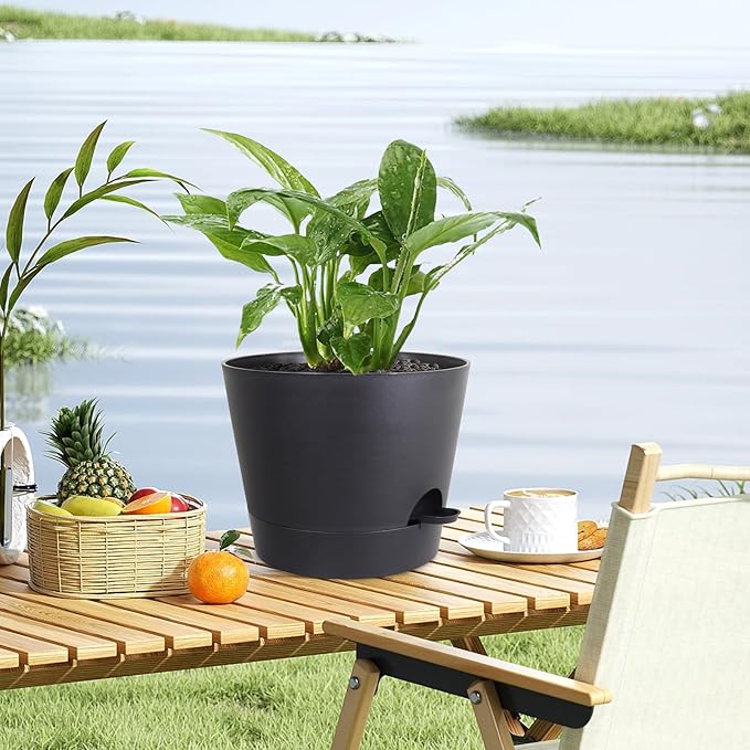 12 inch Large Self Watering Pots for Indoor Outdoor Plants, Flower Plant Pots with Mesh Drainage Holes for Garden House Plants, Plastic Planters with Reservoir for Home Decor, Black-VerdiqueGarden