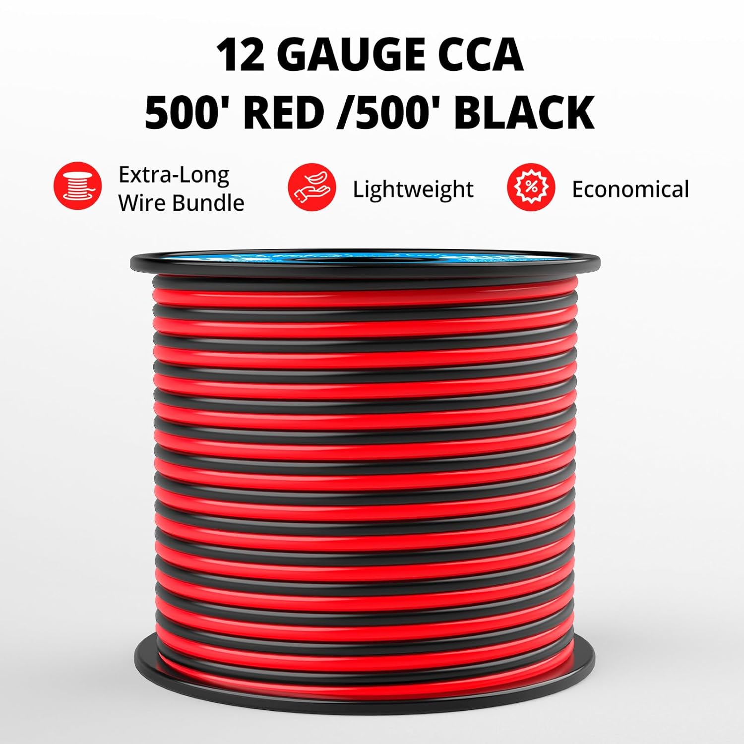 NAOEVO 12 Gauge Wire 500FT, 2 Conductors Electrical Wire Red Black Cable, Flexible/Low Voltage/PVC 12 AWG Copper Clad Aluminum Extension Cord for Speaker, LED Strips, Automotive 12V/24V DC-VerdiqueGarden