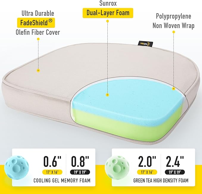 SUNROX Gel Memory Foam Chair Cushions, FadeShield Water-, Stain-Resistant Durable Reversible Seat Cushion Pads with Ties for Indoor/Outdoor Kitchen Dining Office 17"x16" Set of 2, Cream-VerdiqueGarden