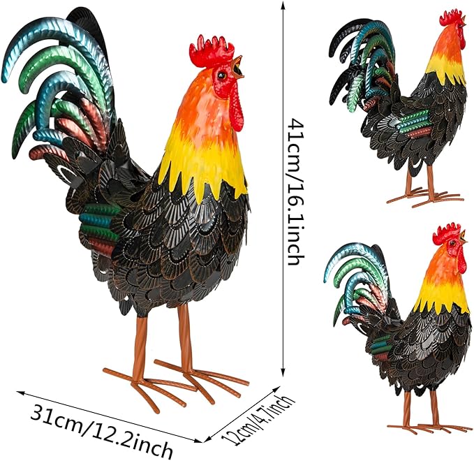 XONOR Metal Rooster Statues, Garden Chicken Decorations, Outdoor Chicken Sculpture, Metal Yard Rooster Artwork for Outdoor, Patio, Backyard and Home Kitchen Decoration (1pc, Dark Brown)-VerdiqueGarden