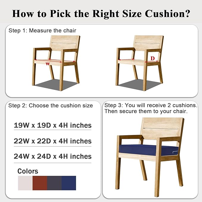 Outdoor Chair Cushions Set of 2 for Patio Furniture 19x19x4 Inch Waterproof Patio Chair Cushion 3 Year Color Fastness Square Elastic Foam Garden Sofa Couch Pads with Ties and Handle,Blue-VerdiqueGarden