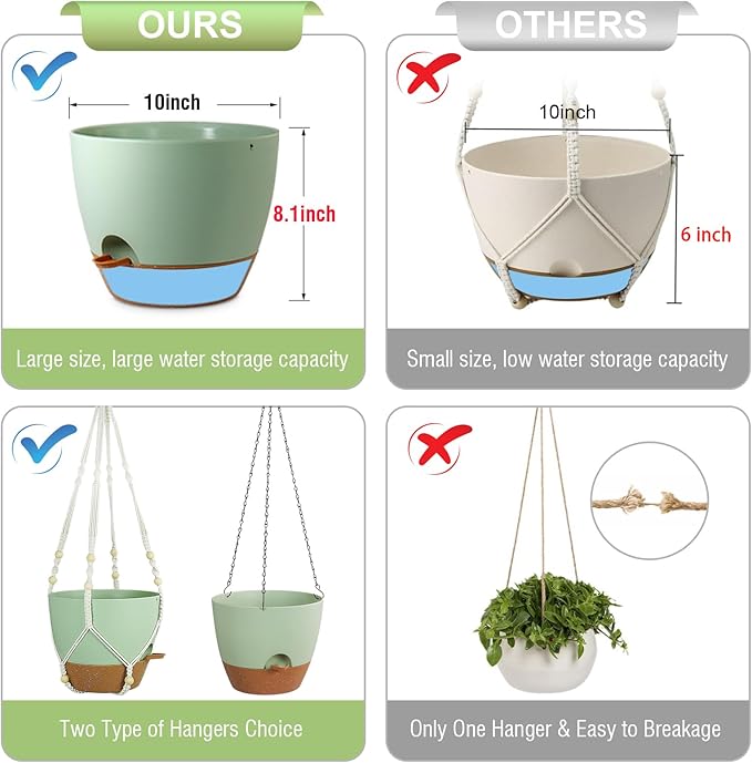 10 inch Self Watering Hanging Planters for Indoor Plants, 2 Pack Hanging Baskets for Outdoor Plants, Hanging Flower Pots with Drainage Holes & 2 Kinds of Plant Hangers for Home Decor, Green-VerdiqueGarden