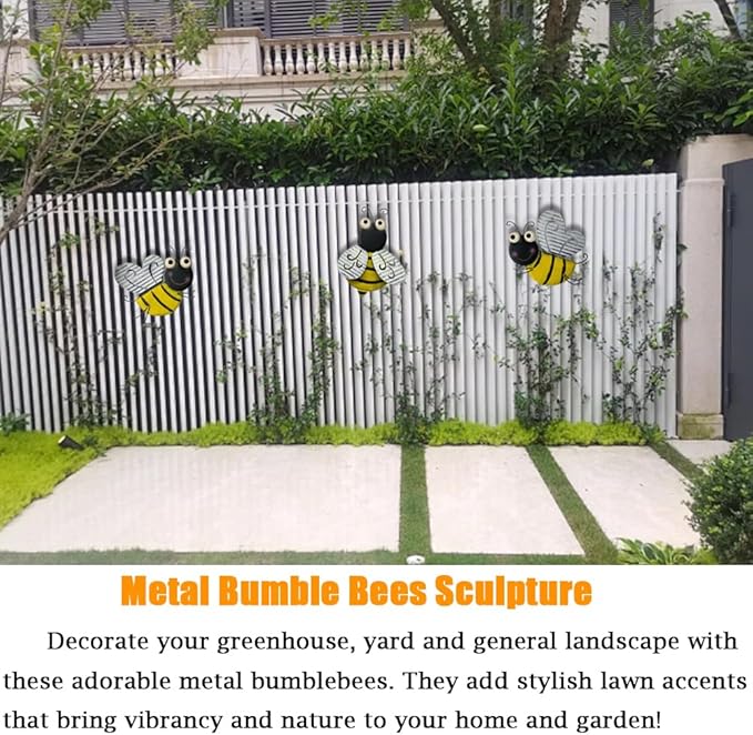 3 Pcs Metal Bee Wall Decor, Cute Bumble Bee Sculpture, Funny Animal Wall Decor - Yellow Bodies, Black Stripes, Large Eyes for Home Office Decor (Bee)-VerdiqueGarden