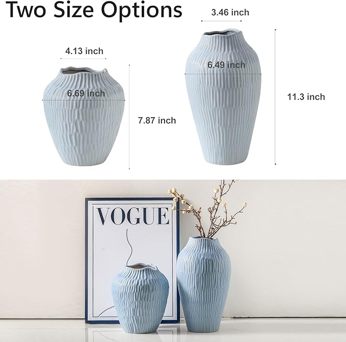 Ceramic Vase for Home Decor,11.6 Inch Flower Vases，Decorative Blue Vase for Pampas Grass，Modern Art Texture Vases for Home Entryway Living Room Dining Table Farmhouse Office Decor-Mat Blue-VerdiqueGarden