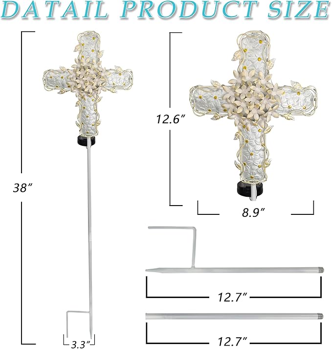 38Inch Solar Cross Garden Lights Outdoor Decorative - Solar Metal&Glass Cross White Hydrangea Flower Stake Lights- Waterproof 20 Warm White LED for Remembrance Gifts & Sympathy Gifts.-VerdiqueGarden