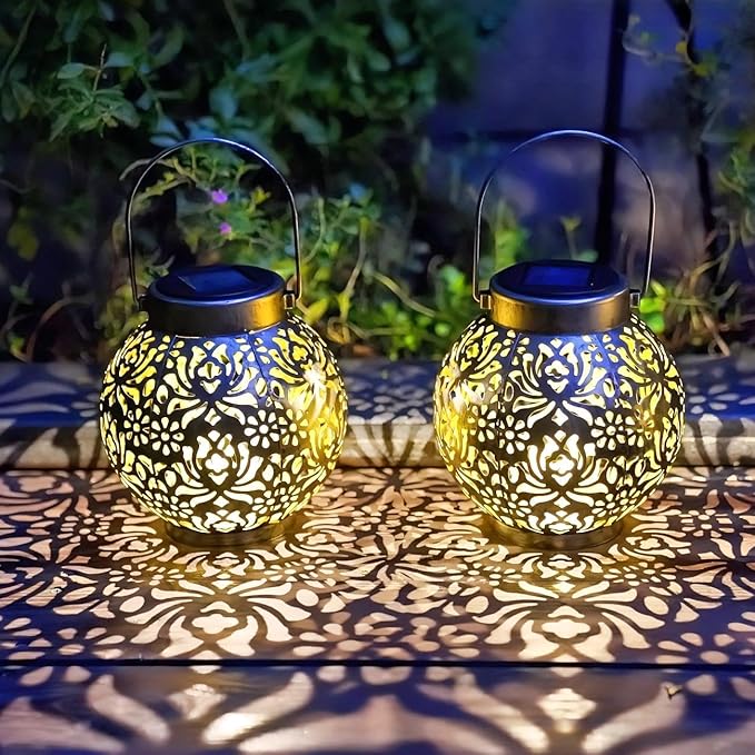 Set of 2 Outdoor Solar Hanging Lantern Lights Metal LED Decorative Lamp for Garden Patio Courtyard Lawn and Table with Hollowed-Out Design (Antique Bronze)-VerdiqueGarden