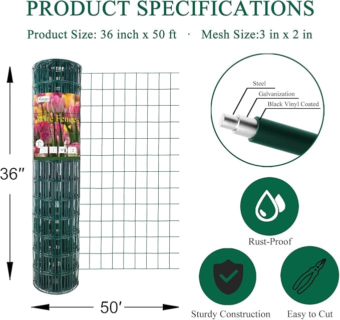Green PVC Coated Welded Wire Fence 36 Inch x 50 Foot, 2 Inch x 3 Inch 16GA, Garden Border Fencing Roll Vinyl Coating Metal Wire Mesh for Yard Vegetable Plant Protection Poultry Netting-VerdiqueGarden