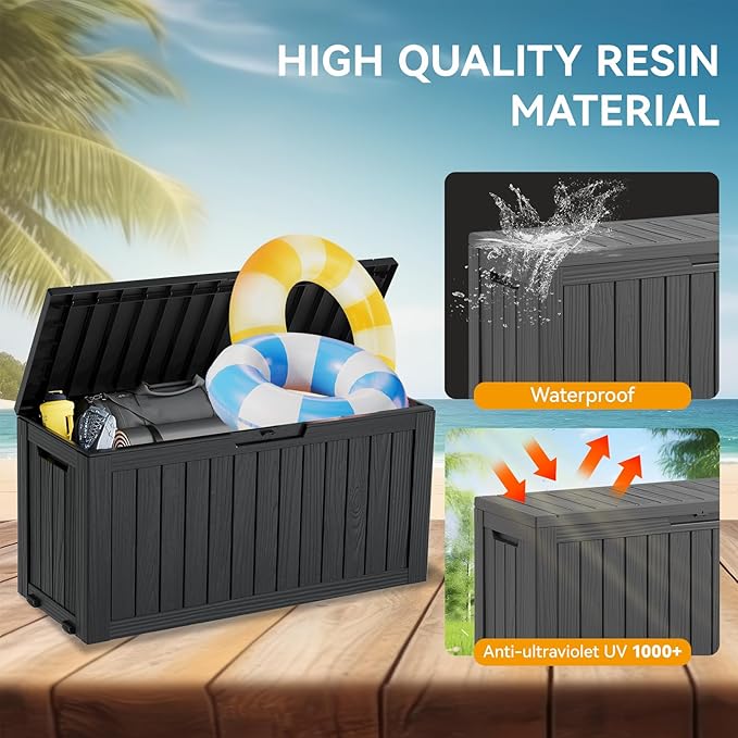 KAMABOKO Deck Box, 75 Gallon Resin Indoor and Outdoor Storage Boxes Waterproof for Garden Tools, Pool Accessories Storage Bench, Patio Furniture and Cushions with Lockable Lid, Black-VerdiqueGarden