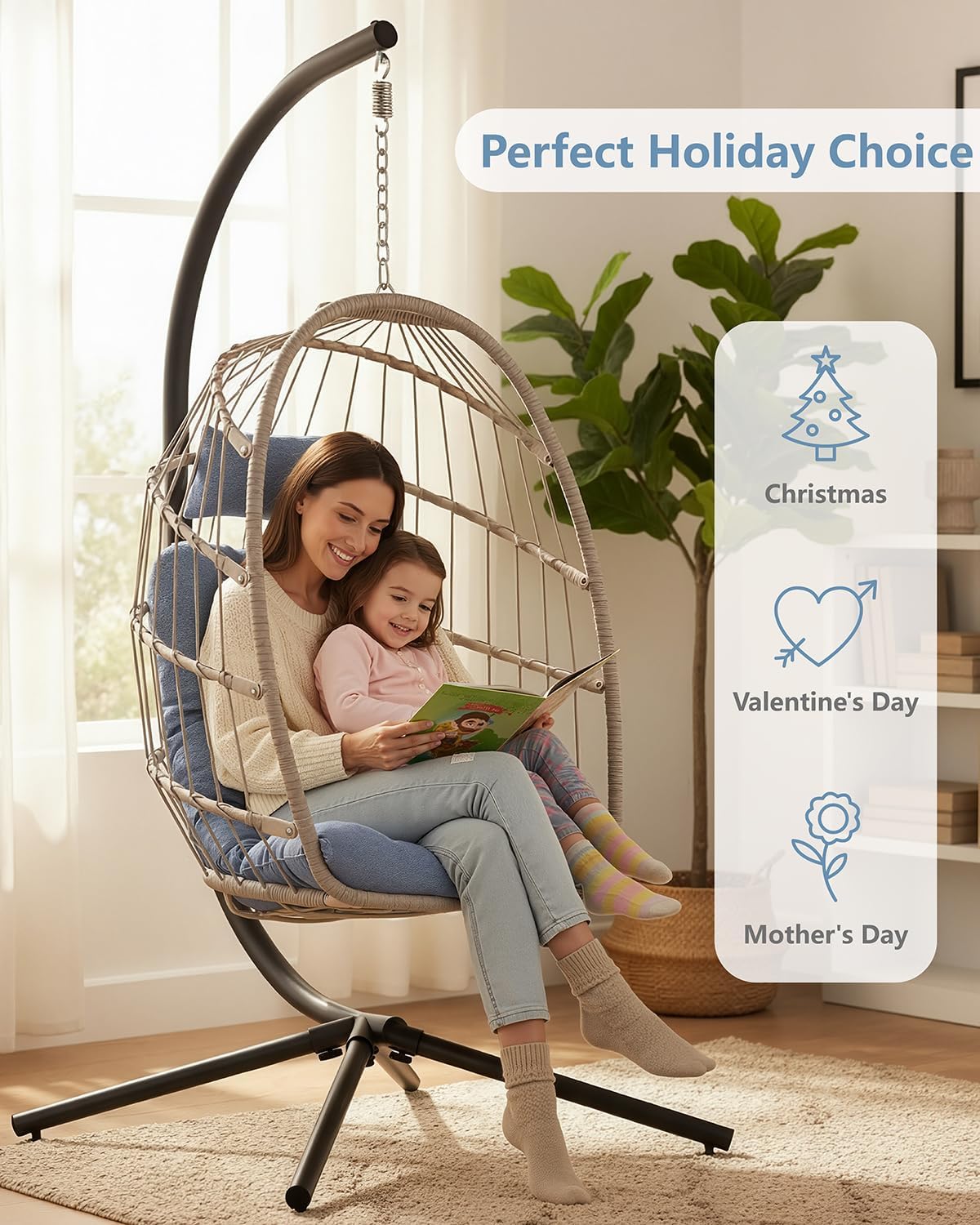 SWITTE Egg Chair Outdoor with Stand, Indoor Wicker Hanging Egg Swing Chair with Cushion, 350lbs Capacity for Patio, Bedroom, Garden - Light Blue-VerdiqueGarden