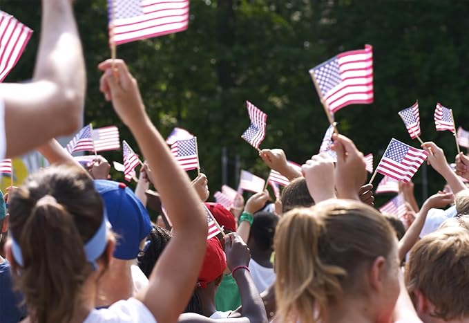 100pcs Small American Flags on Stick, Handheld 8 x 5.5 Inchs Mini American Flags with Kid-Safe Golden Spear Top, US Flags for 4th of July Decorations Outdoor, Independence Day Decorations-VerdiqueGarden
