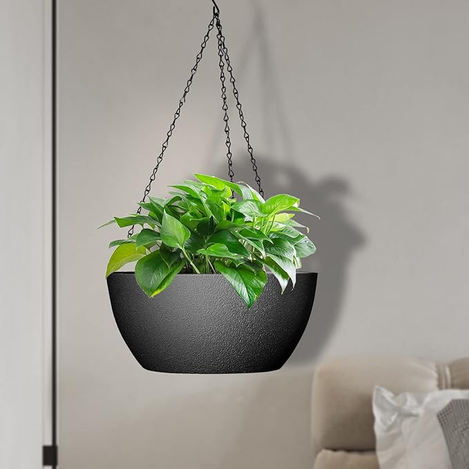 10 inch Hanging Planters for Outdoor Indoor Plants with Drainage Holes and Chain, 2 Pack Round Hanging Flower Pots for Garden Home Porch Decor, Black-VerdiqueGarden